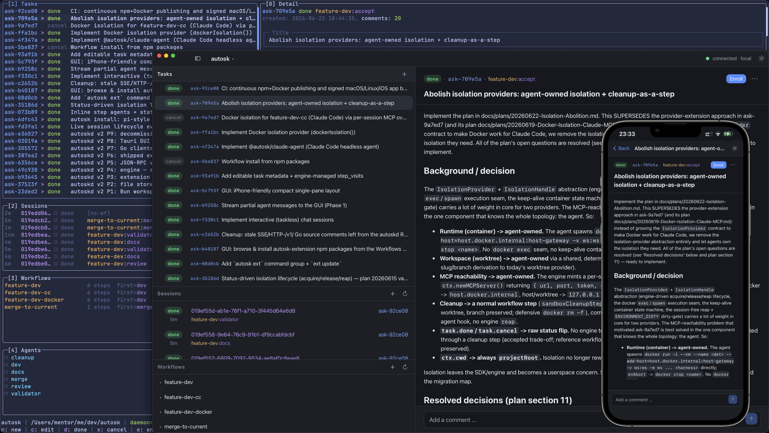 autosk across three front ends: the lazy TUI streaming a transcript, the desktop GUI detail pane, and the mobile web view